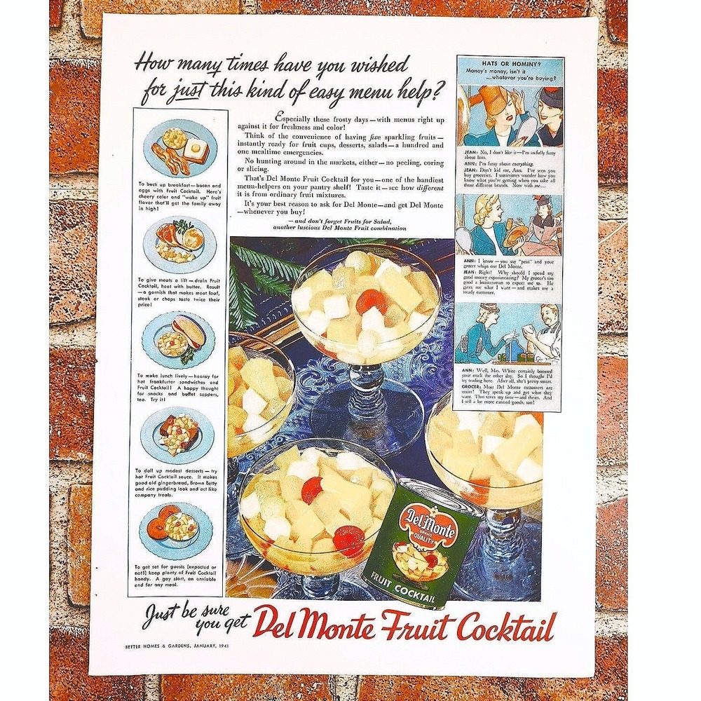 1941 Del Monte Fruit Cocktail Print Ad Easy Menu Help for Housewives Mom Kitchen